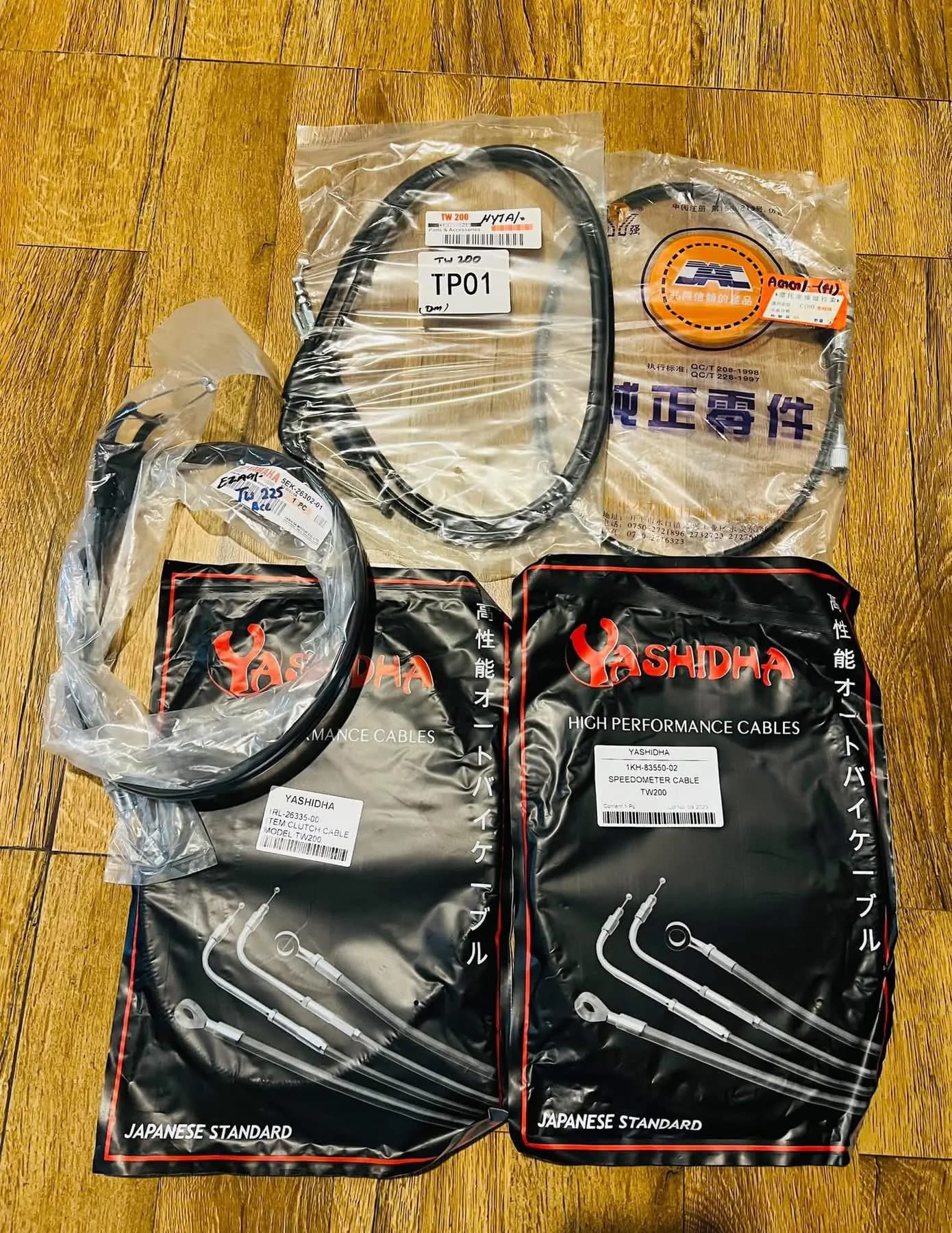 Packaged motorcycle control cables displayed at MK Motors