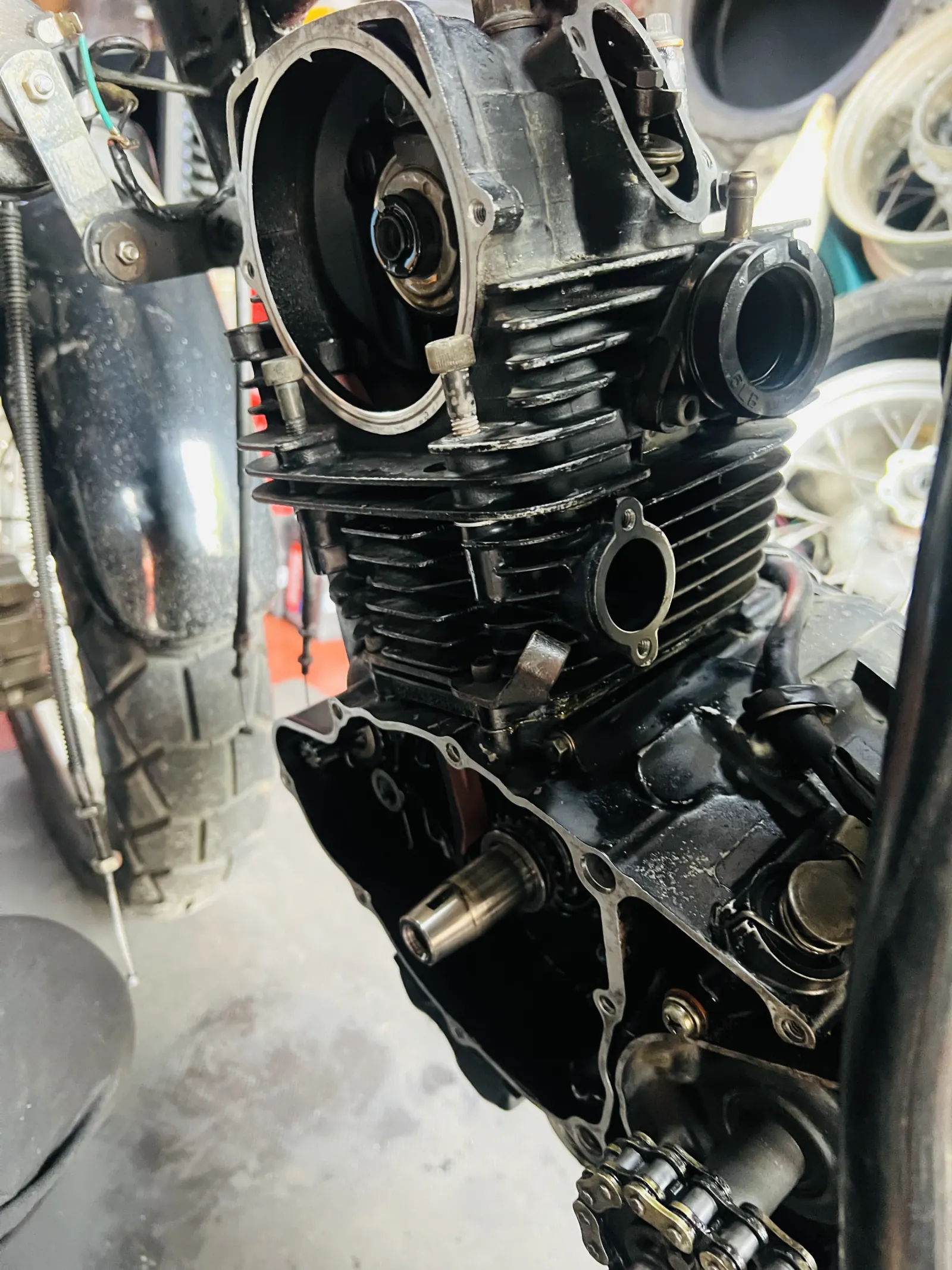Motorcycle engine opened during an MK Motors rebuild